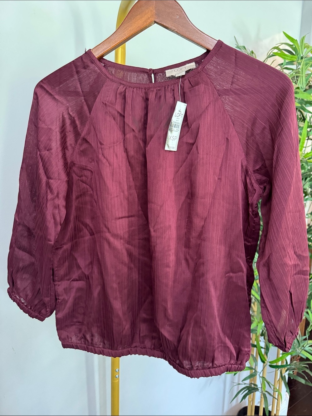 LOFT Burgundy Peasant Blouse elastic waist and cuffs NEW XSP - Picture 4 of 13